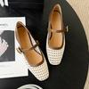 Retro Soft Leather Square Head Woven Hollow Mary Jane Shoes Women's Shallow Mouth Square Head Thick Heel with Sandals