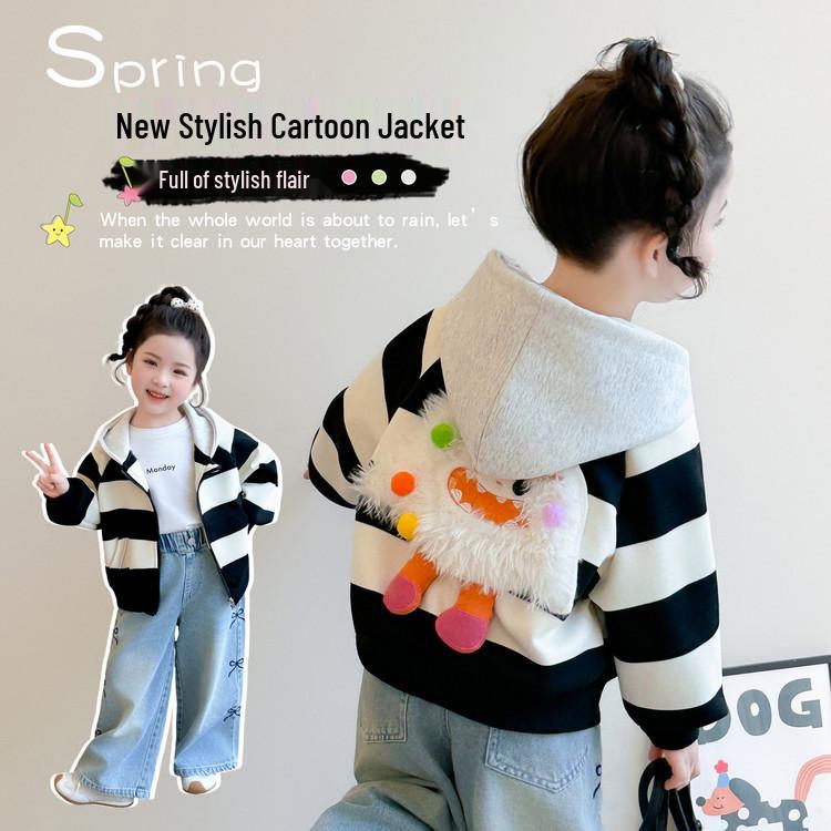 Girls' Striped Hooded Cardigan – 2026 Spring Collection Black & White Cartoon Sweatshirt Jacket