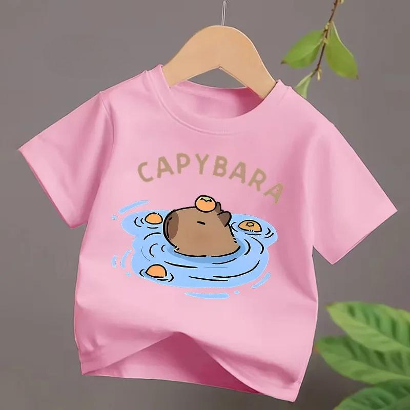 4 To 14Y Girls Casual Capybara Print Short Sleeve T-Shirt 2026 New Cute Spring Summer Y2k Children's Crew Neck Tee Tops