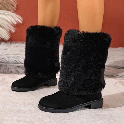 Women's Plus Size New European American Style Furry Patchwork Chunky Heel Round Toe Western Cowboy Knee High Boots