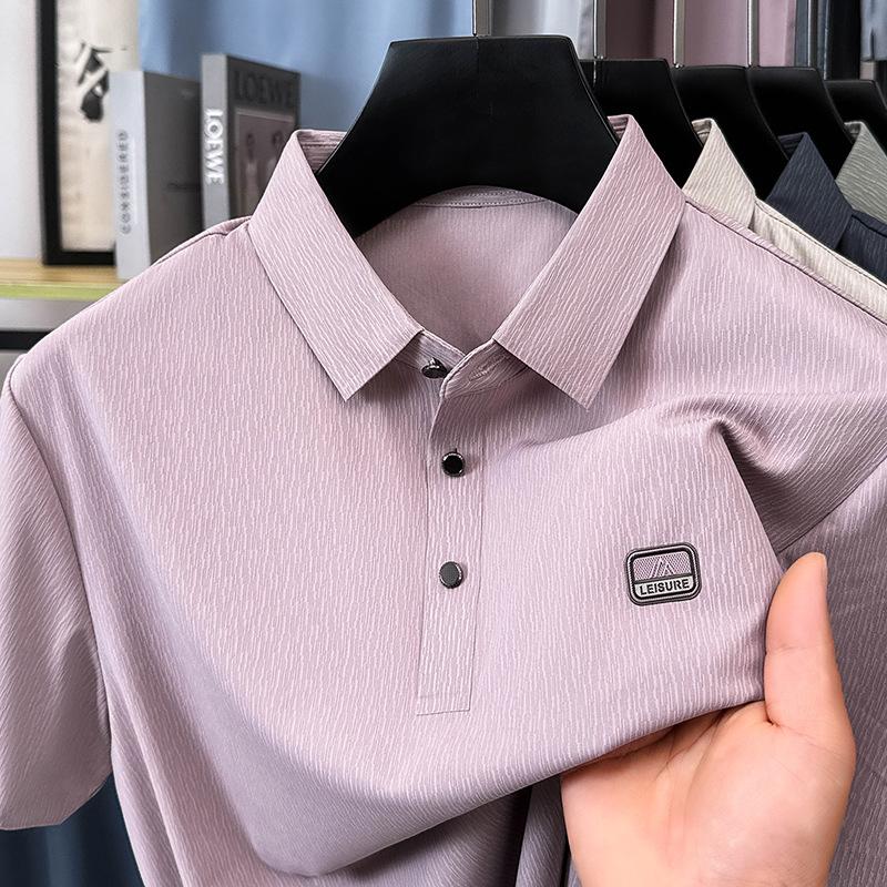 Bark Pattern Jacquard Mulberry Silk Seamless Men'S Short-Sleeved T-Shirt Summer Lapel Polo Shirt Half-Sleeved Ice Silk Casual