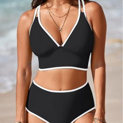 Deep V Sexy Split Swimsuit Cross Back Contrast Bra High Waist Shorts 2-piece Swimsuit