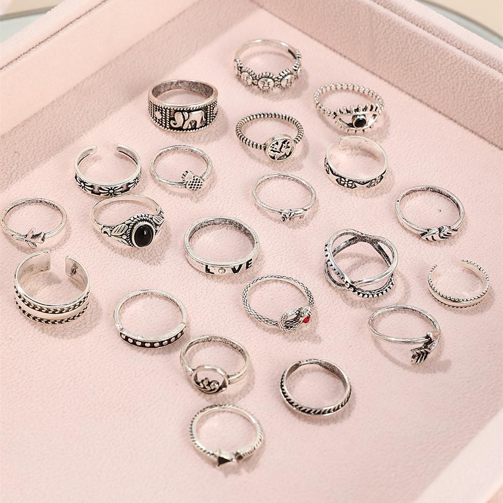 21Pcs/set Silver Color Punk Gothic Eye Butterfly Snake Elephant Rings Set For Women Men Vintage Geometric Finger Rings Jewelry
