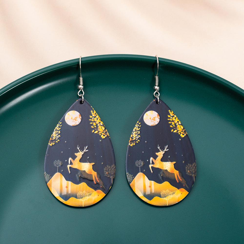 Gold Reindeer & Leaf Pattern Acrylic Teardrop Christmas Earrings for Women