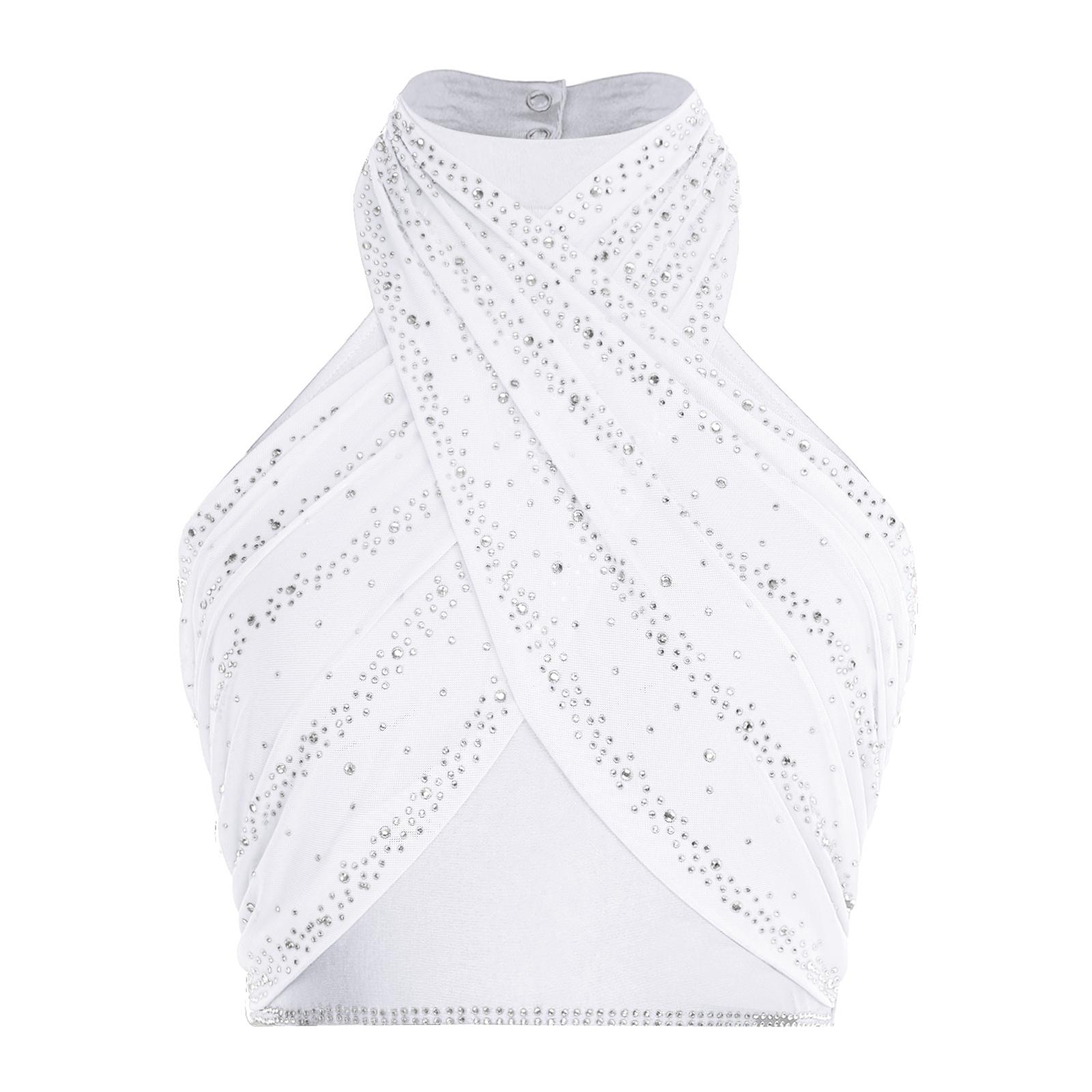 

Жіночий топ для латиноамериканських танців халтер без рукавів на бретельках з відкритою спиною, блискучі стрази, перехресний спереду, з сітчастим драпіруванням, укорочений топ M білий
