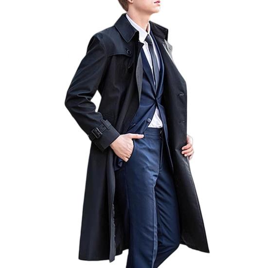 Men Windbreaker Lapel Long Sleeve Double Breasted Mid-Length Coat Solid Color Casual Business Outerwear