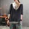 Vintage Knitted T Shirt Women Summer Color-blocking Fake Two-piece T-shirt V-neck Short Sleeve Casual All-match Cotton Linen Top