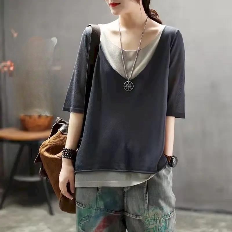 Vintage Knitted T Shirt Women Summer Color-blocking Fake Two-piece T-shirt V-neck Short Sleeve Casual All-match Cotton Linen Top