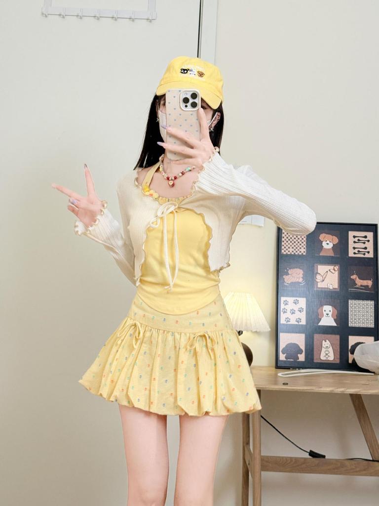 Yellow Polka Dot Bow Lantern Skirt for Women - Spring/Summer High Waist, Puffy and Playful Style.