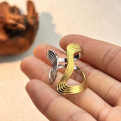 Minimalist Irregular Lines Two Tone Rings For Women Men Stainless Steel Geometric Textured Hollow Rings Jewelry Party Gift