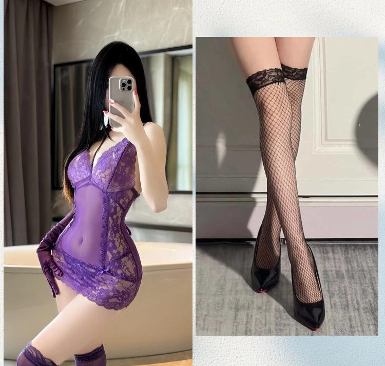 New High-end Objects Deep V Dew Ditch Lace Perspective Temptation Provocative Hip-wrapped Nightdress Sexy