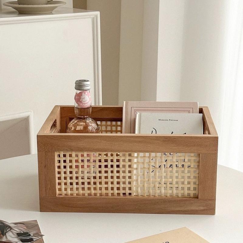 Retro Solid Wood Storage Box Desktop Rattan Basket Book Snacks Fruit Cosmetics Organizer Boxes Home Bathroom Kitchen Basket
