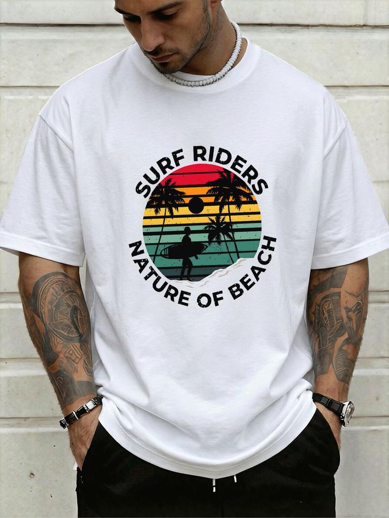 Retro Surf Sunset Unisexs T Shirt Surfer Palm Print Loose Short Sleeve Tees Beach Casual Male Cotton Streetwear Summer Daily Tops