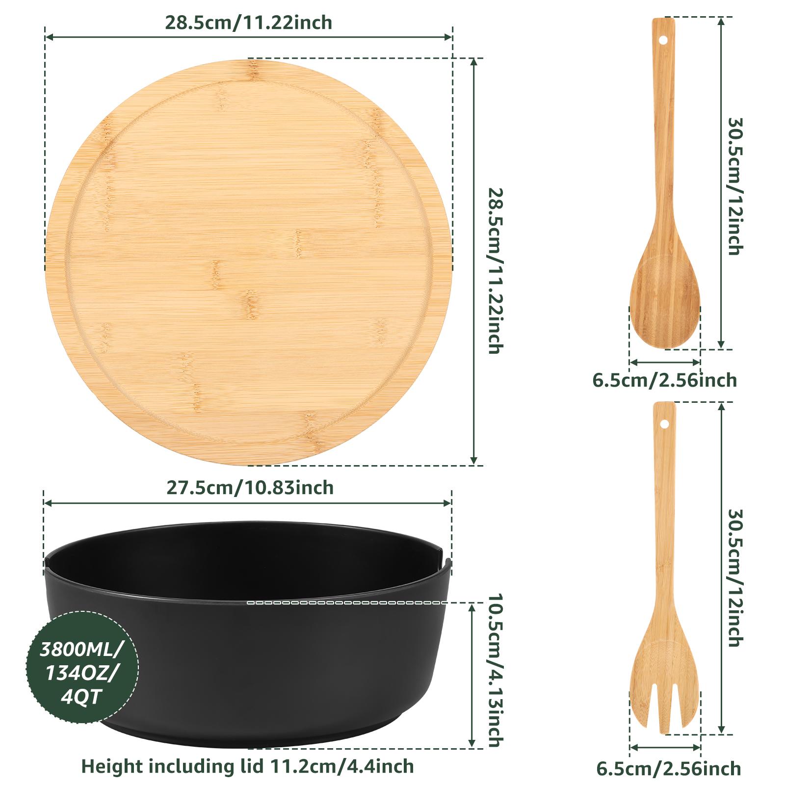 

134 OZ Bamboo Fiber Salad Bowl 10.8 Inch Round Bamboo Mixing Bowl with Lids Spoon Fork Salad Serving Bowls for Salad Pasta Snack чорний