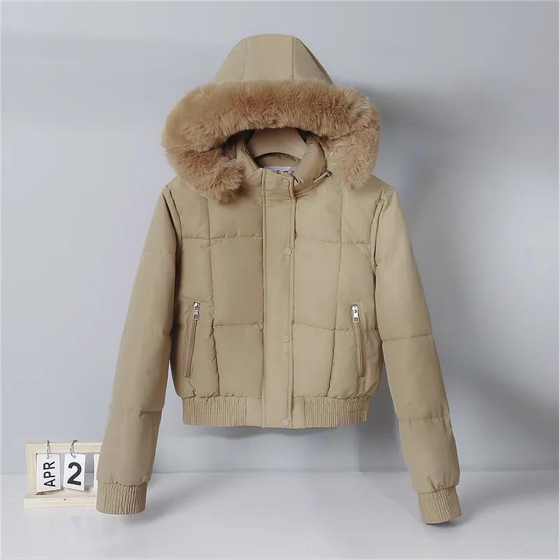 Women's Winter Short Parkas Clothes Add Velvet Thicken Outerwear Fur Collar Removable Hooded Coats Warm Jackets