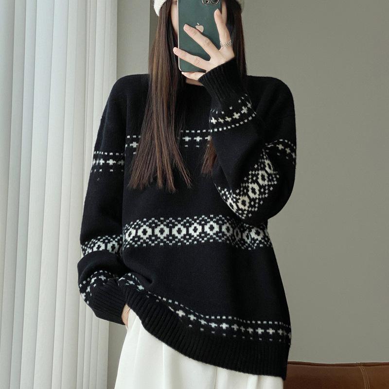 Meng Yi Women's Jacquard Wool Sweater: Autumn/Winter Loose Knitwear, Thick Round Neck