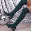 Thick Heel Over The Knee Sock Boots Women Plus Size 35-43 Elastic Knitting Long Boots Woman Comfort Slip On Platform Sock Shoes