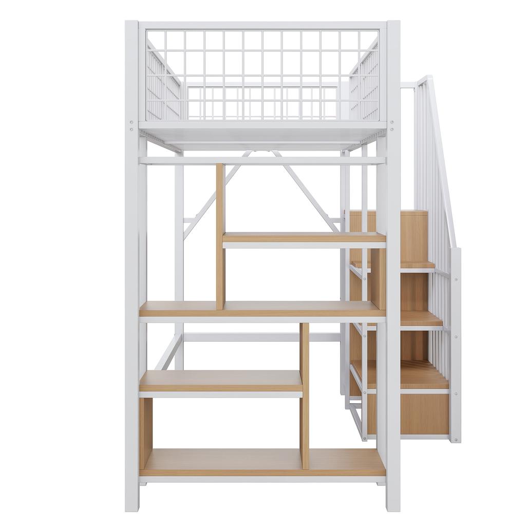 Letto a Soppalco Multifunzionale 90 x 200 cm, Letto in Metallo con Contenitore, Spazio a Ripiani e Scala, Letto per Adulti e Bambini, Bianco