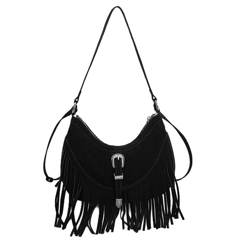 

Винтажная замшевая сумка кроссбоди с кисточками - Модная сумка-тоут для通勤 на осень/зиму чёрный