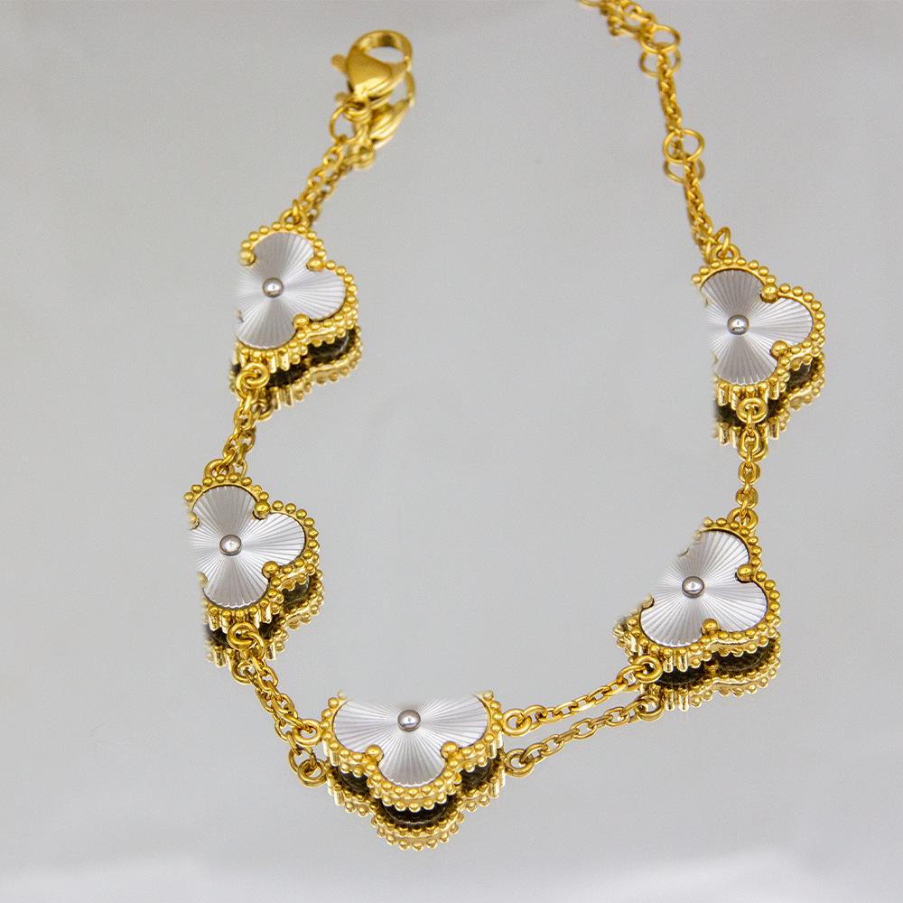18K Gold CNC Laser-Engraved Four-Leaf Clover Bracelet & Five-Petal Necklace Set