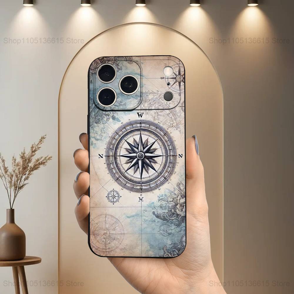 Art Navigation Compass For iPhone 13,17,11,12,16,14,15,Plus,Pro Max,XS,X,XR,SE,Mini,8,7,Soft Silicone Black Phone Case