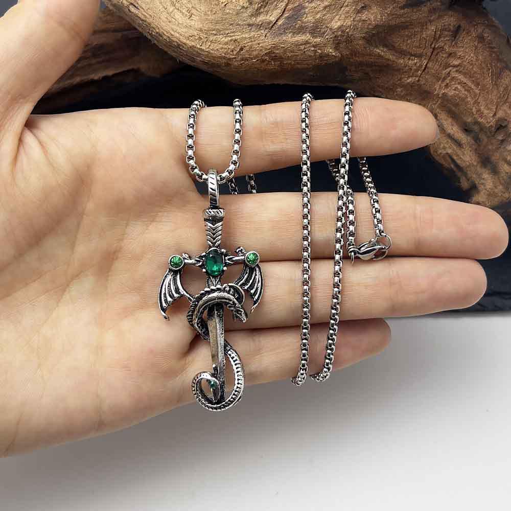 Мужское Панк Многоцветный Камень Дракон Меч Ожерелье - Ретро Нержавеющая Сталь Цепь Ювелирные Изделия