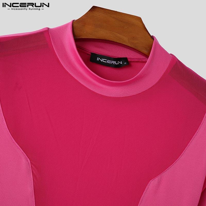 INCERUN Men Long Sleeve See Through Mesh Sheer Party T-shirts Tops