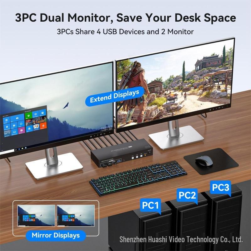 3-Way Dual-Channel HDMI 2.0 & USB 3.0 Input to 1-Way Dual-Channel HDMI & 4-Way USB 3.0 Hub Output.