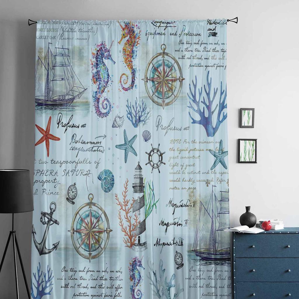 Meerespflanzen Korallen Meeresfrüchte Segelboote Anker Seepferdchen Fenster Tüll Vorhänge Wohnzimmer Hotel Luxus Dekoration Transparente Vorhänge
