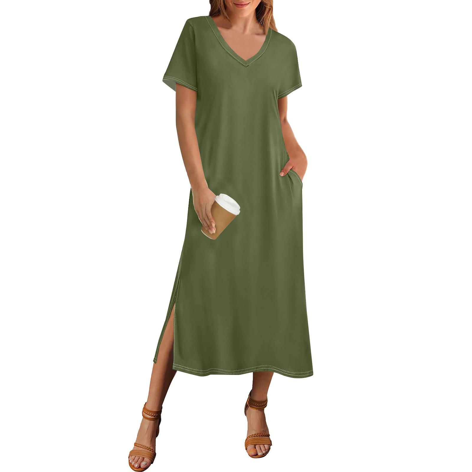 

Жіноча однотонна літня сукня, пляжна сукня з коротким рукавом і кишенею, повсякденна сукня з V-подібним вирізом і бічними розрізами M