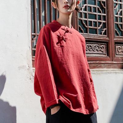 2025 Autumn Cotton Linen Women's Retro Frog Button Long Sleeve Shirt