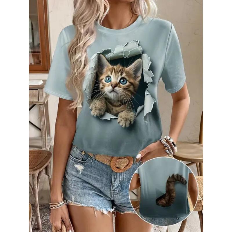 Summer Cute Kitten T-Shirts Kawaii Cat 3D Print Women's Round-Neck Short Sleeve T Shirt Harajuku Tees Y2k Tops Female Clothing