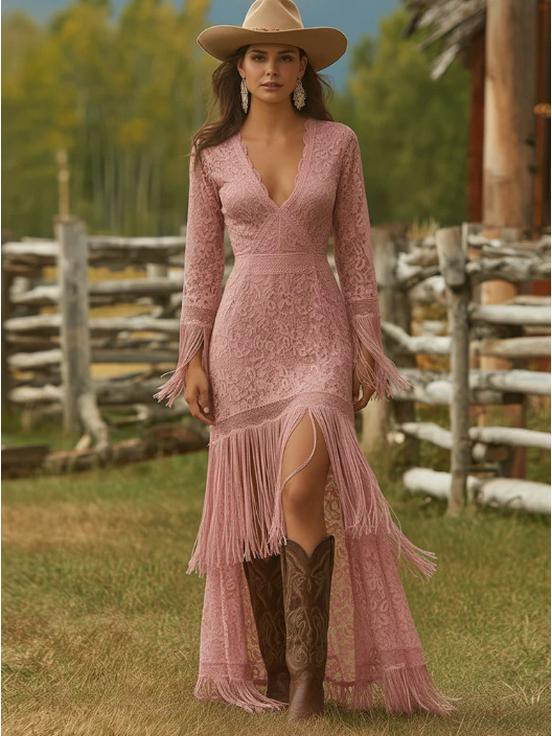 Retro White Lace V-Neck Long Sleeve Tassel High-Low Skirt