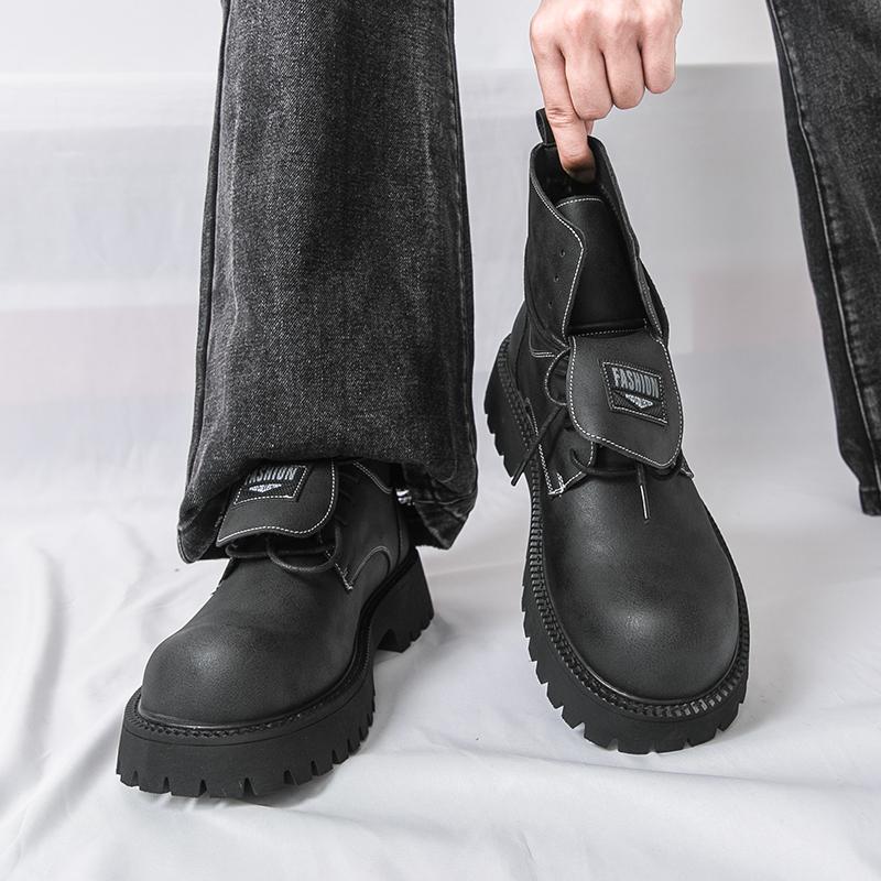 Męskie buty retro na grubej platformie, buty motocyklowe z dużą główką, wysokie buty, plus size