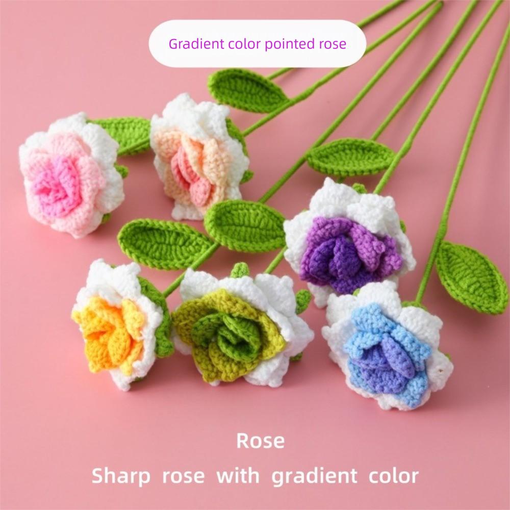 DIY Hand Woven Roses Pointed Leaf Romantic Knitting Flowers New Crochet Rose Flower  Anniversary