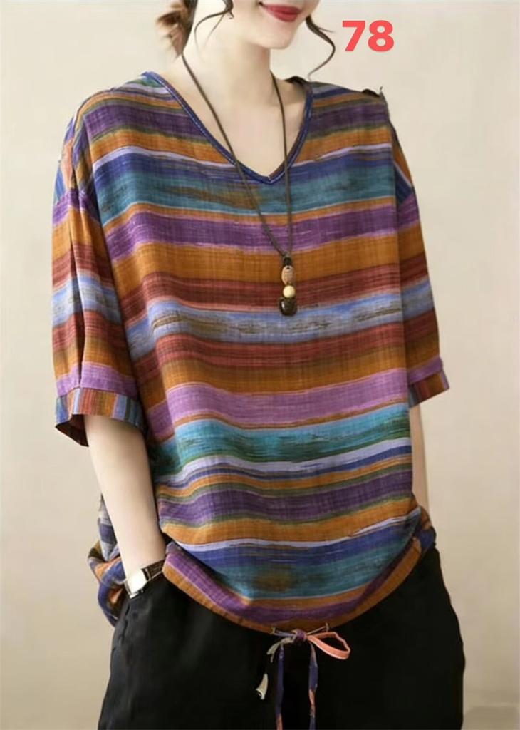 Summer Printed Short-sleeved T-shirt V-neck Cotton and Linen Loose Large-size Women's Top T-shirt Cotton and Linen Shirt