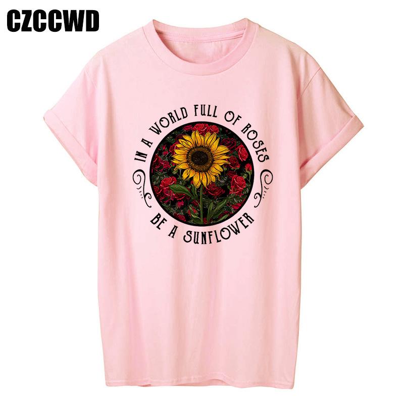 Sunflower Bee Kind Yellow Women Tshirt Aesthetics Graphic Short Sleeve Cotton Polyester T Shirts Female Camisetas Verano Mujer