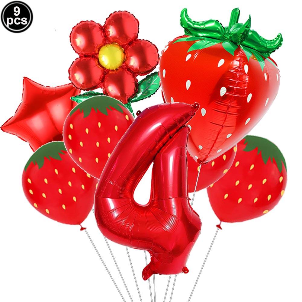 9pcs Strawberry Balloons Kits Birthday Decorations for Girls 32inch 0-9 Number Balloons for Strawberry Birthday Party Decors