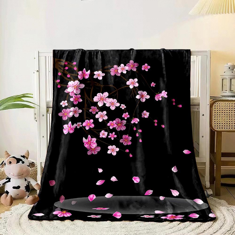 Pink Cherry Blossoms On Branches, with Petals Falling Onto a Dark Backdrop. for All Seasons Blanket Lunch Break Throw Gift