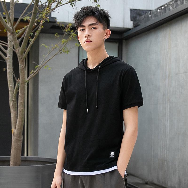 Kunhai Pengyun Men's Trendy Cotton Hooded Short-Sleeve T-Shirt - Loose Fit, Solid Color, Fake Two-Piece Design