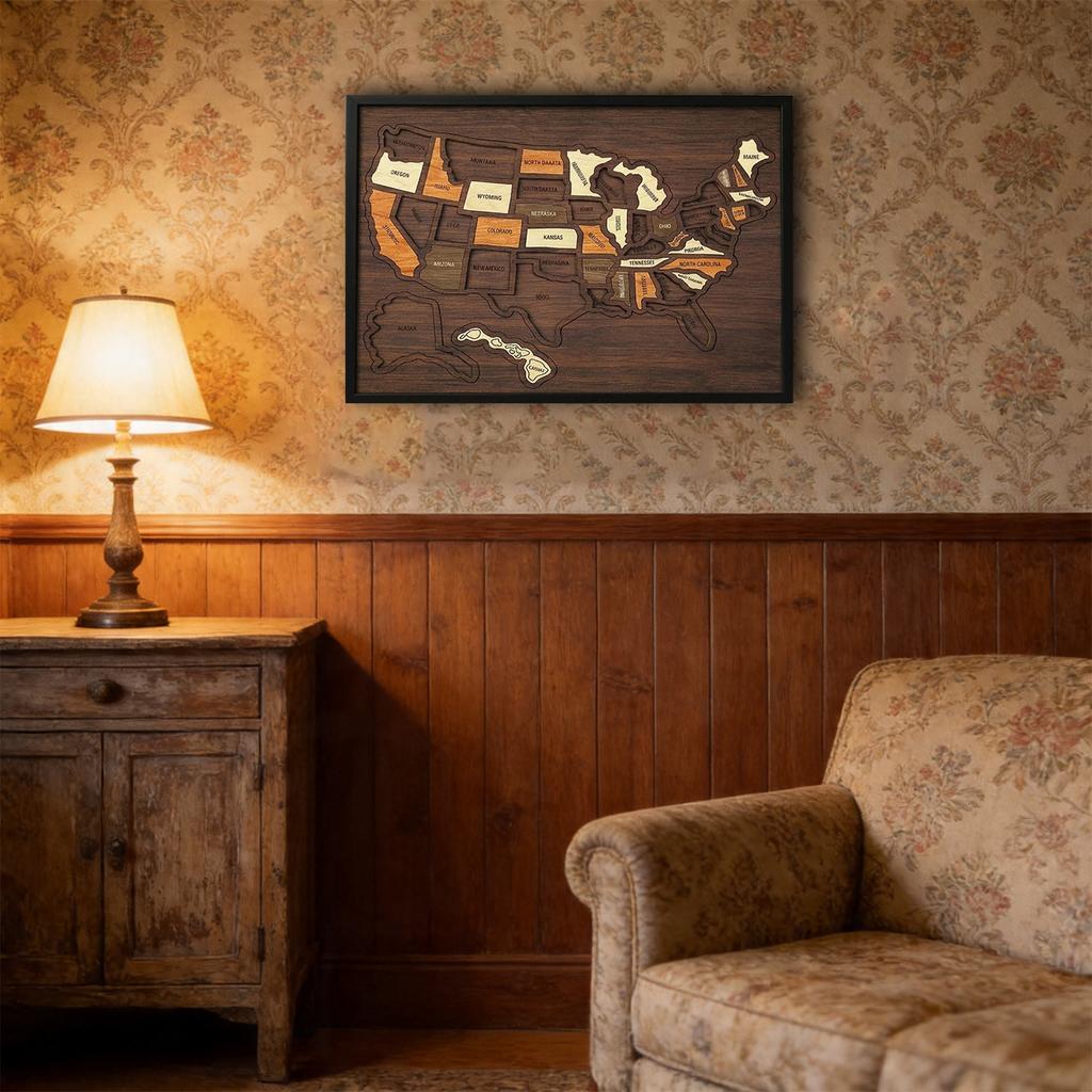 12 X 10Inch Wooden Portable USA Travel Jigsaw Lightweight USA Travel Map Puzzle for Vacations Home Classroom Wall Art Home Decor