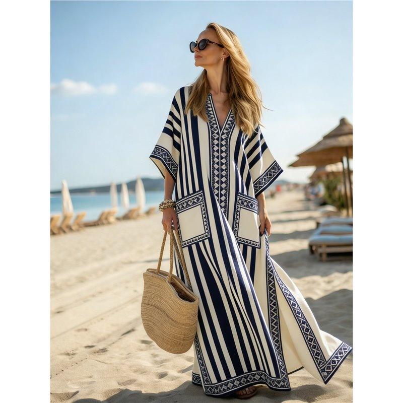 European, American Y Bohemian fashion women's clothing casual vacation D printed beach Kaftan cardigan long dress