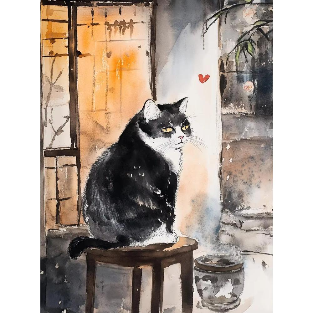 Canvas  Japanese Black Cat Bathing Moon Lucky Cartoon Illustration Retro Poster Wall Art Pictures Home Decor Wall Decor