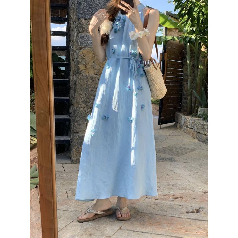 Blue Neck Sleeveless Dress Women's Summer Dopamine Wear High-end Seaside Vacation Beach Dress