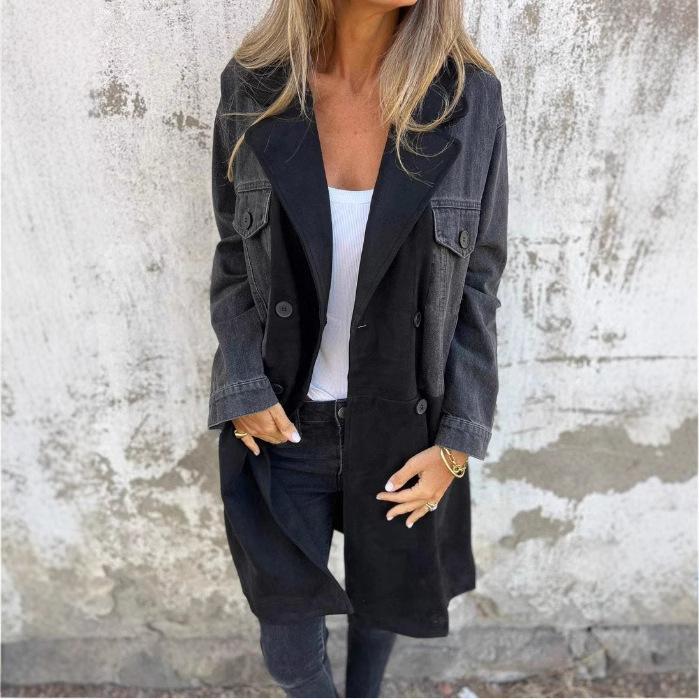 

Повседневный кардиган-тренч с длинными рукавами в стиле пэчворк, женское осенне-зимнее пальто с отложным воротником, двубортная женская верхняя одежда XS чёрный