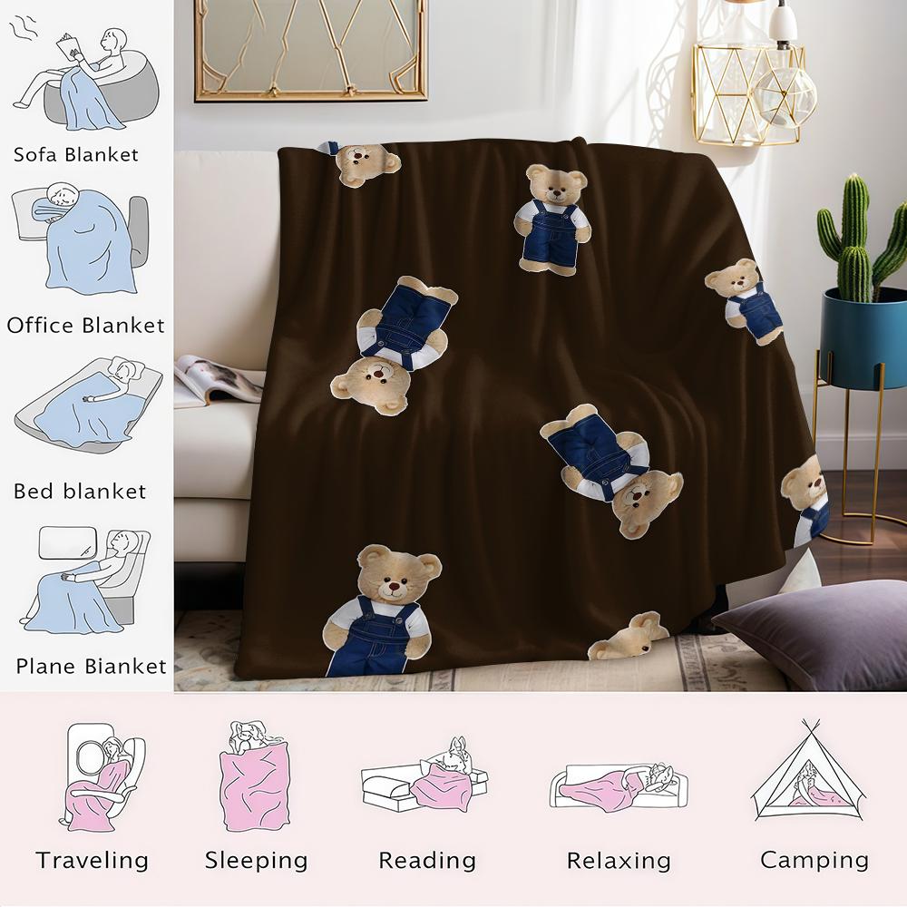 Denim Bear Flannel Blanket Warm Soft Halloween Christmas Couch Warm Cozy Decorative Decor Gift for All Season