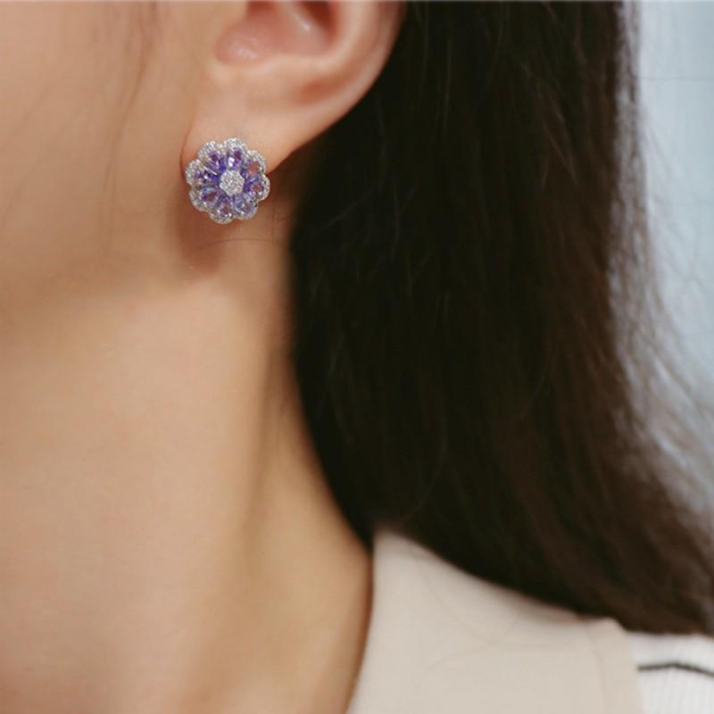 Sterling Tanzanite Flower Stud Earrings Women Hypoallergenic Daily Wear Elegant Minimalist Jewelry