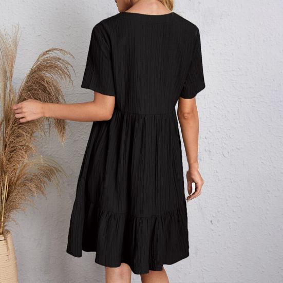 Women Summer Dress V Neck Short Sleeves Pleated Loose Hem Patchwork Dress-up Pullover A-line Summer Mini Dress Female Garment