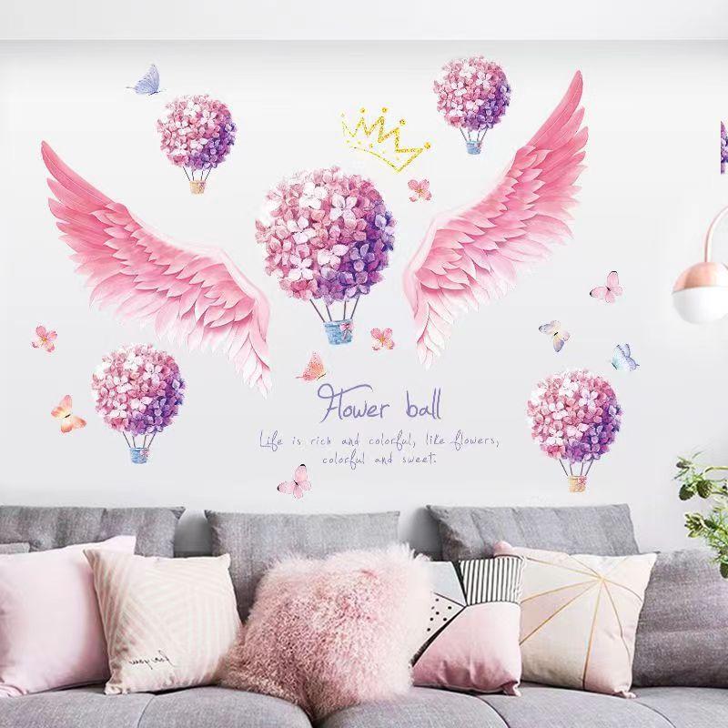 Pink Wall Sticker for Bedroom Girls, Unicorn Feather Princess Flowers Decal, Nursery Removable Wallpaper