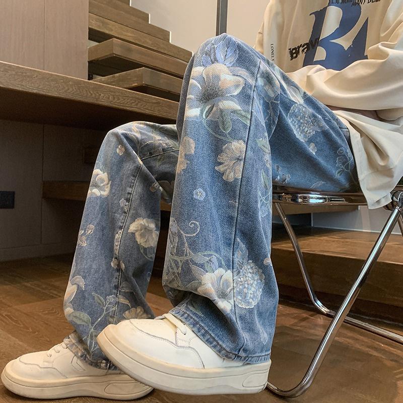 Spring Floral Printed Jeans for Men Vintage Trousers Hip Hop Wide-leg Baggy Jean Pants Floor Length Wide Leg Pants